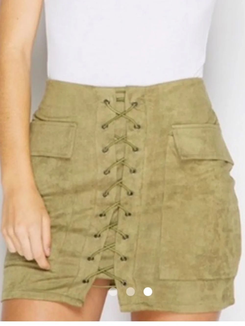 Misspap High-Waist Lace-Up Suede like Mini Skirt in Olive New!